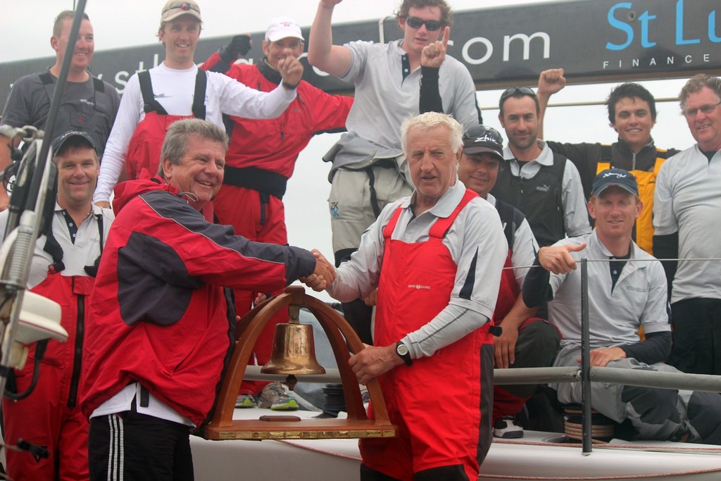 The Wedgetail crew celebrate with the Line Honours trophy with CHYC Commodore Garry Ennis  - 2013 Pittwater and Coffs Harbour Regatta © Damian Devine